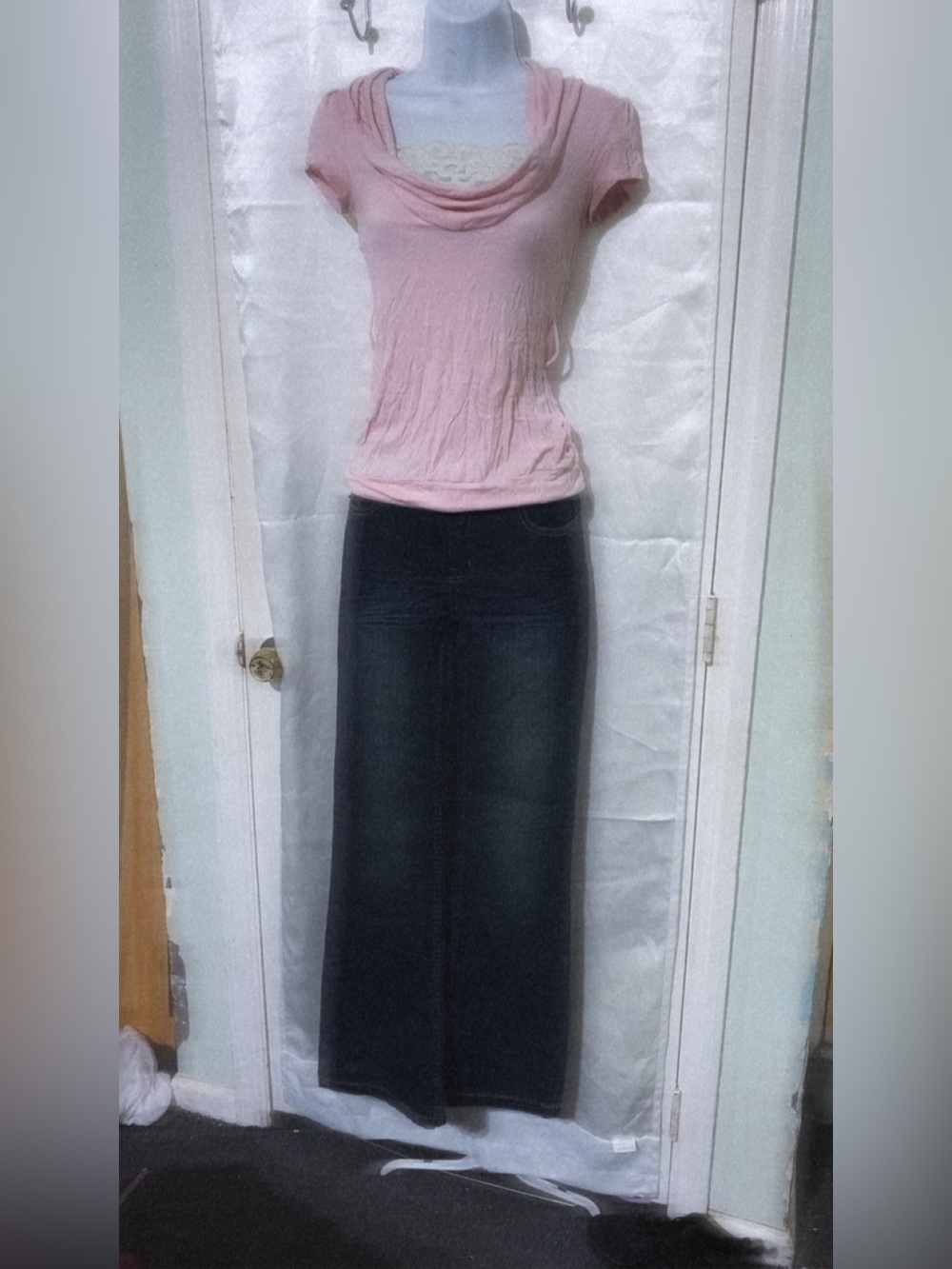 Y2K OUTFIT BUNDLE Pink Draped Neck Top with Low Rise Flare Jeans